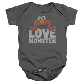 Charcoal baby bodysuit with Sesame Street Love Monster graphic