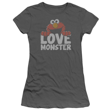 Charcoal juniors t-shirt with Sesame Street Love Monster graphic