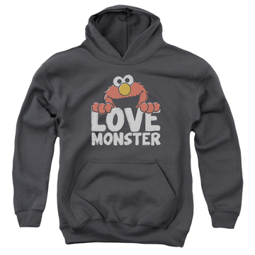 Charcoal youth hoodie for ages 8 to 12 with Sesame Street Love Monster graphic