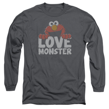Charcoal men's long sleeve t-shirt with Sesame Street Love Monster graphic