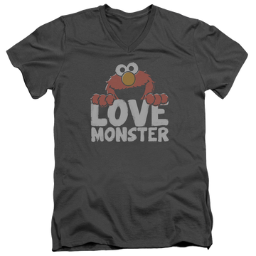 Charcoal men's v-neck t-shirt with Sesame Street Love Monster graphic