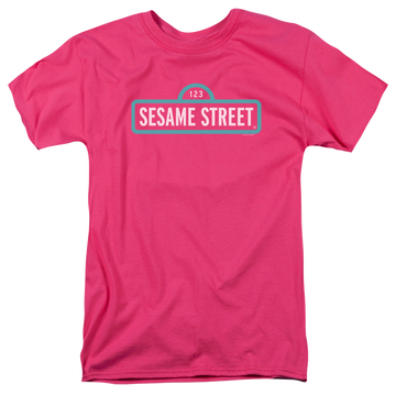 Hot pink men's regular fit t-shirt with Sesame Street Alt Logo graphic