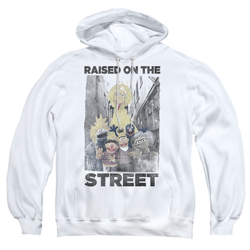 White pullover hoodie with Sesame Street Raised On The Streets graphic