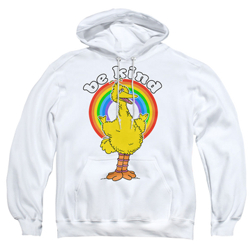 White pullover hoodie with Sesame Street Be Kind graphic