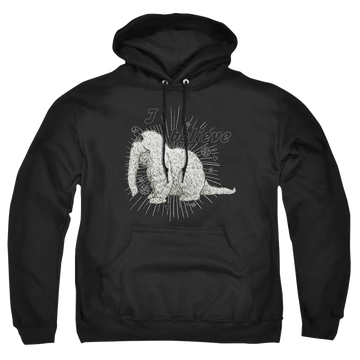 Black pullover hoodie with Sesame Street Snuffleupagus I Believe graphic