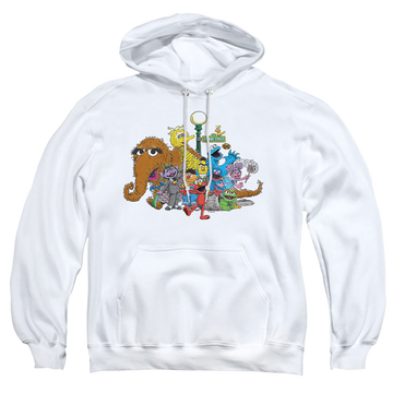 White pullover hoodie with Sesame Street Group Street Light graphic