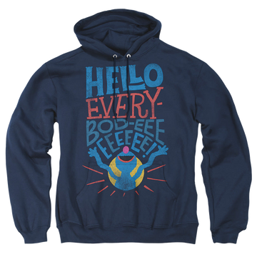 Navy pullover hoodie with Sesame Street Grover Hello Everybody graphic