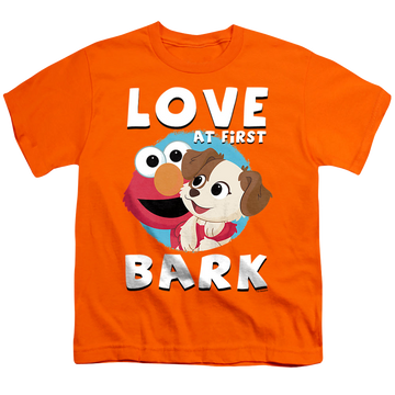 Orange youth t-shirt for ages 8 to 12 with Sesame Street Love At First Bark graphic