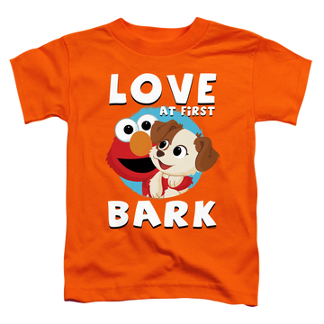 Orange toddler t-shirt with Sesame Street Love At First Bark graphic