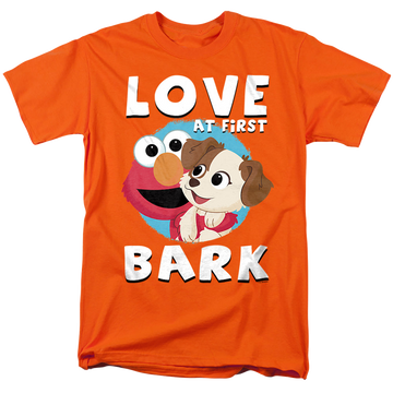 Orange men's regular fit t-shirt with Sesame Street Love At First Bark graphic