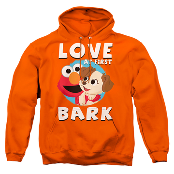 Orange pullover hoodie with Sesame Street Love At First Bark graphic