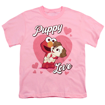 Pink youth t-shirt for ages 8 to 12 with Sesame Street Puppy Love graphic