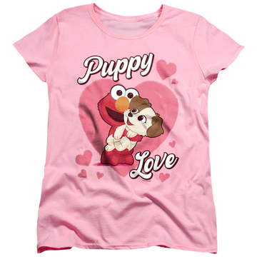 Pink women's t-shirt with Sesame Street Puppy Love graphic