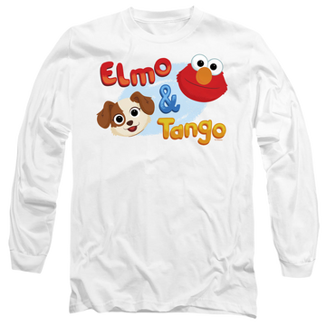 White men's long sleeve t-shirt with Sesame Street Elmo & Tango graphic