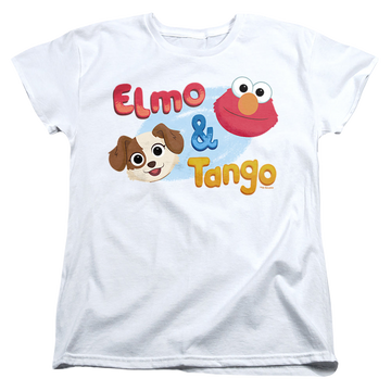 White women's t-shirt with Sesame Street Elmo & Tango graphic