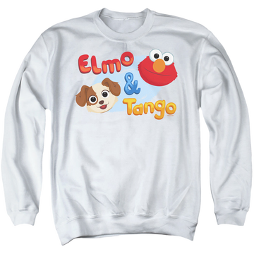 White men's crewneck sweatshirt with Sesame Street Elmo & Tango graphic