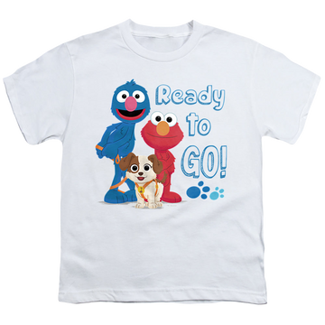 White youth t-shirt for ages 8 to 12 with Sesame Street Ready To Go graphic