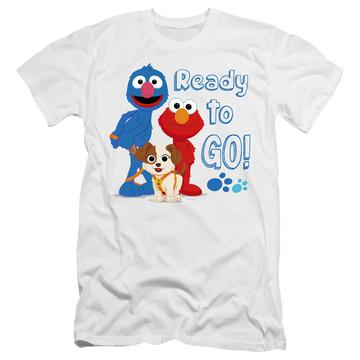 White men's premium slim fit t-shirt with Sesame Street Ready To Go graphic