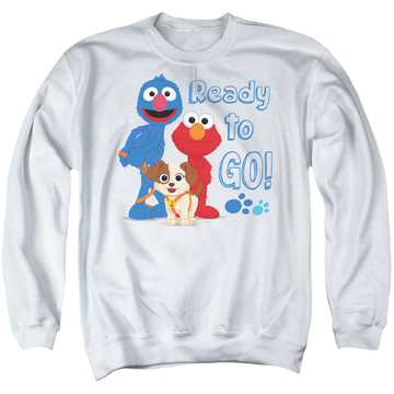 White men's crewneck sweatshirt with Sesame Street Ready To Go graphic