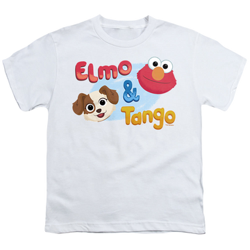 White youth t-shirt for ages 8 to 12 with Sesame Street Elmo & Tango graphic