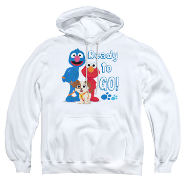 White pullover hoodie with Sesame Street Ready To Go graphic