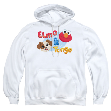 White pullover hoodie with Sesame Street Elmo & Tango graphic