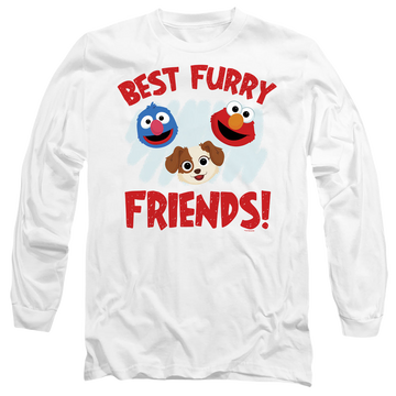 White men's long sleeve t-shirt with Sesame Street Best Furry Friends graphic