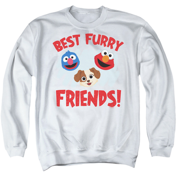 White men's crewneck sweatshirt with Sesame Street Best Furry Friends graphic