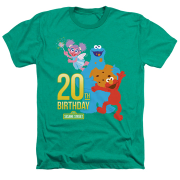 Kelly green men's heather t-shirt with Sesame Street 20Th Birthday Group graphic