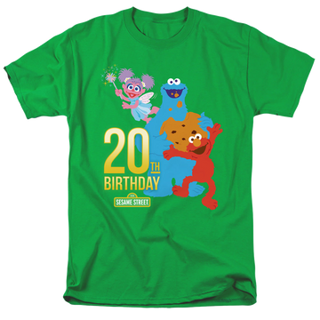 Kelly green men's regular fit t-shirt with Sesame Street 20Th Birthday Group graphic