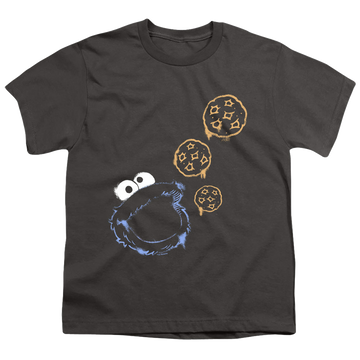 Charcoal youth t-shirt for ages 8 to 12 with Sesame Street Cookie Spray graphic