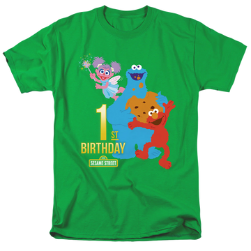 Kelly green men's regular fit t-shirt with Sesame Street 1St Birthday graphic