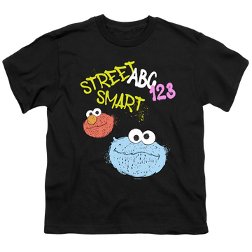 Black youth t-shirt for ages 8 to 12 with Sesame Street Street Smart graphic