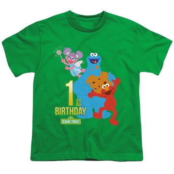 Kelly green youth t-shirt for ages 8 to 12 with Sesame Street 1St Birthday graphic