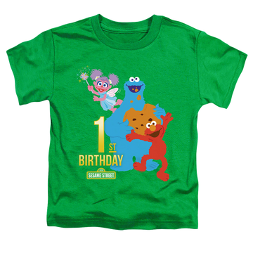 Kelly green toddler t-shirt with Sesame Street 1St Birthday graphic