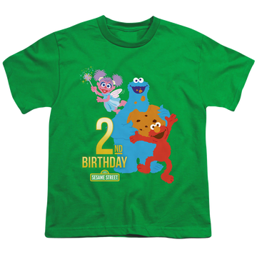 Kelly green youth t-shirt for ages 8 to 12 with Sesame Street 2Nd Birthday graphic