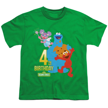 Kelly green youth t-shirt for ages 8 to 12 with Sesame Street 4Th Birthday graphic
