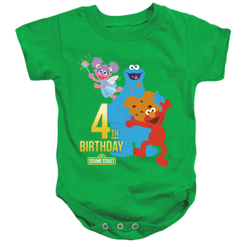 Kelly green baby bodysuit with Sesame Street 4Th Birthday graphic