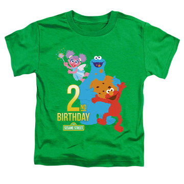 Kelly green toddler t-shirt with Sesame Street 2Nd Birthday graphic