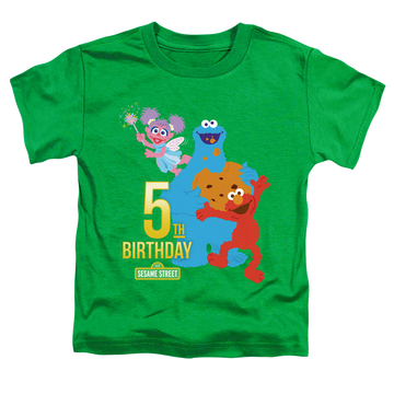 Kelly green toddler t-shirt with Sesame Street 5Th Birthday graphic