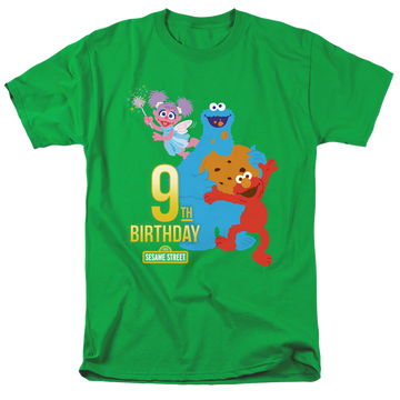 Kelly green men's regular fit t-shirt with Sesame Street 9Th Birthday graphic