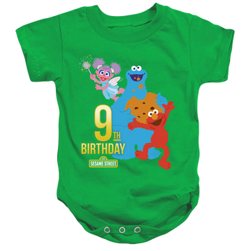 Kelly green baby bodysuit with Sesame Street 9Th Birthday graphic