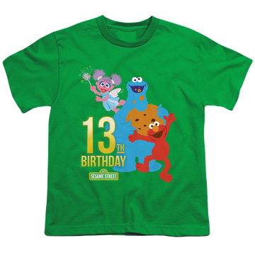 Kelly green youth t-shirt for ages 8 to 12 with Sesame Street 13Th Birthday graphic