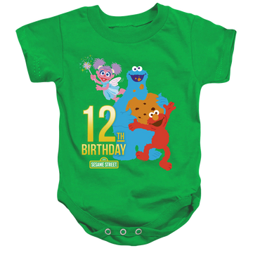 Kelly green baby bodysuit with Sesame Street 12Th Birthday graphic