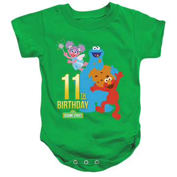 Kelly green baby bodysuit with Sesame Street 11Th Birthday graphic