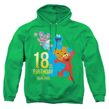 Kelly green pullover hoodie with Sesame Street 18Th Birthday graphic