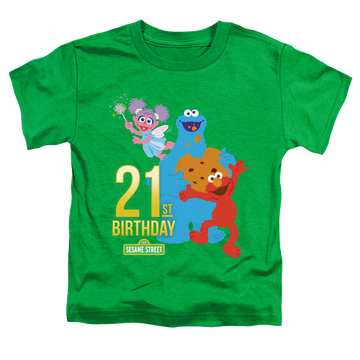 Kelly green kid's t-shirt for ages 4 to 7 with Sesame Street 21St Birthday graphic