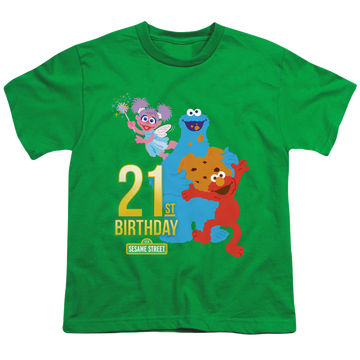 Kelly green youth t-shirt for ages 8 to 12 with Sesame Street 21St Birthday graphic