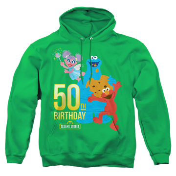 Kelly green pullover hoodie with Sesame Street 50Th Birthday graphic
