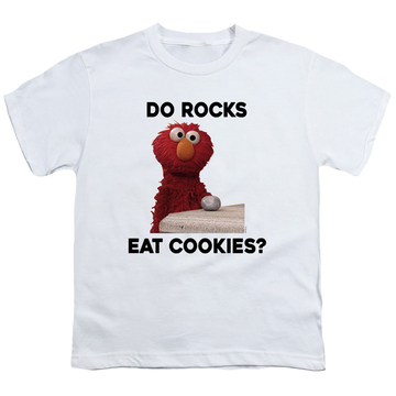 White kid's t-shirt for ages 4 to 7 with Sesame Street Do Rocks Eat Cookies? graphic